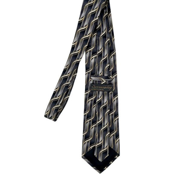 MARTIN WONG Screenplay Mens 100% Silk Tie Necktie Black Gray Silver Gold - Picture 3 of 8